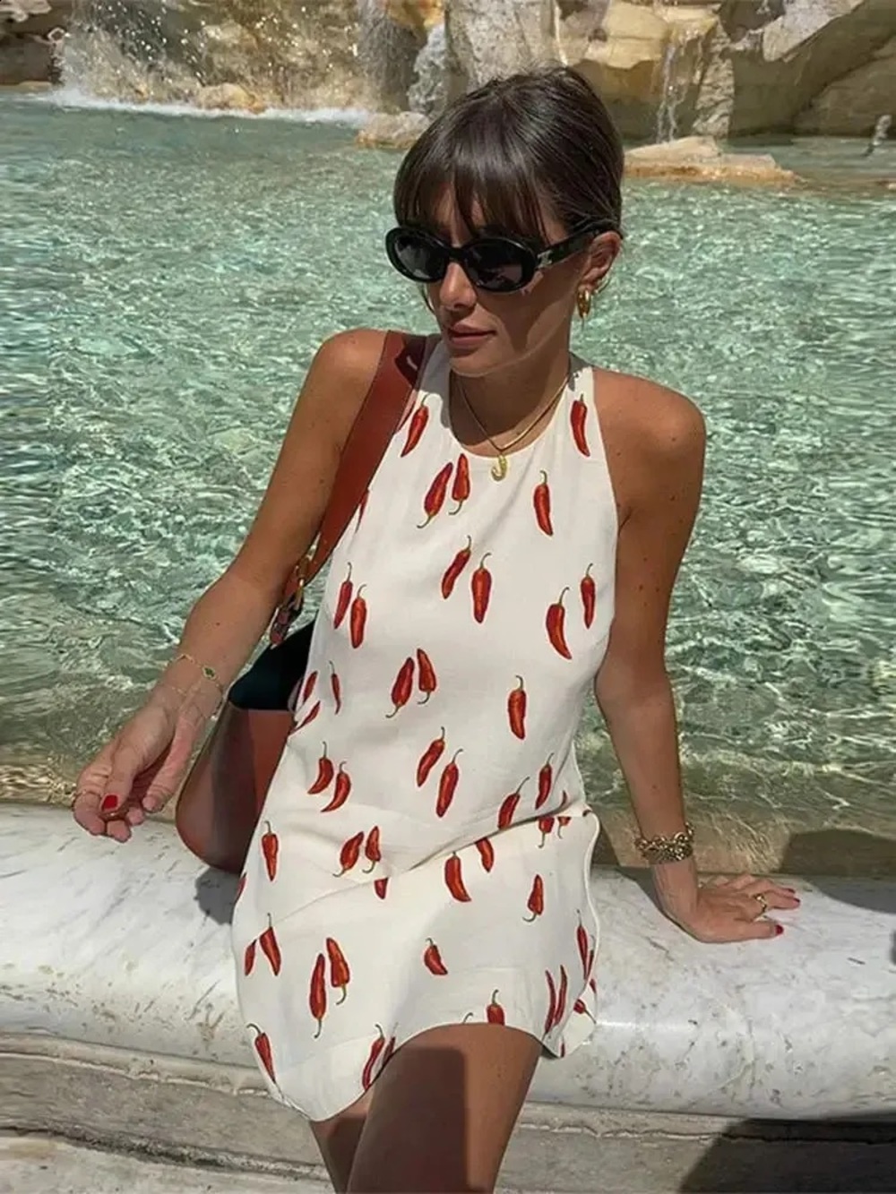 Commense Chili Pepper Print Halter Dress